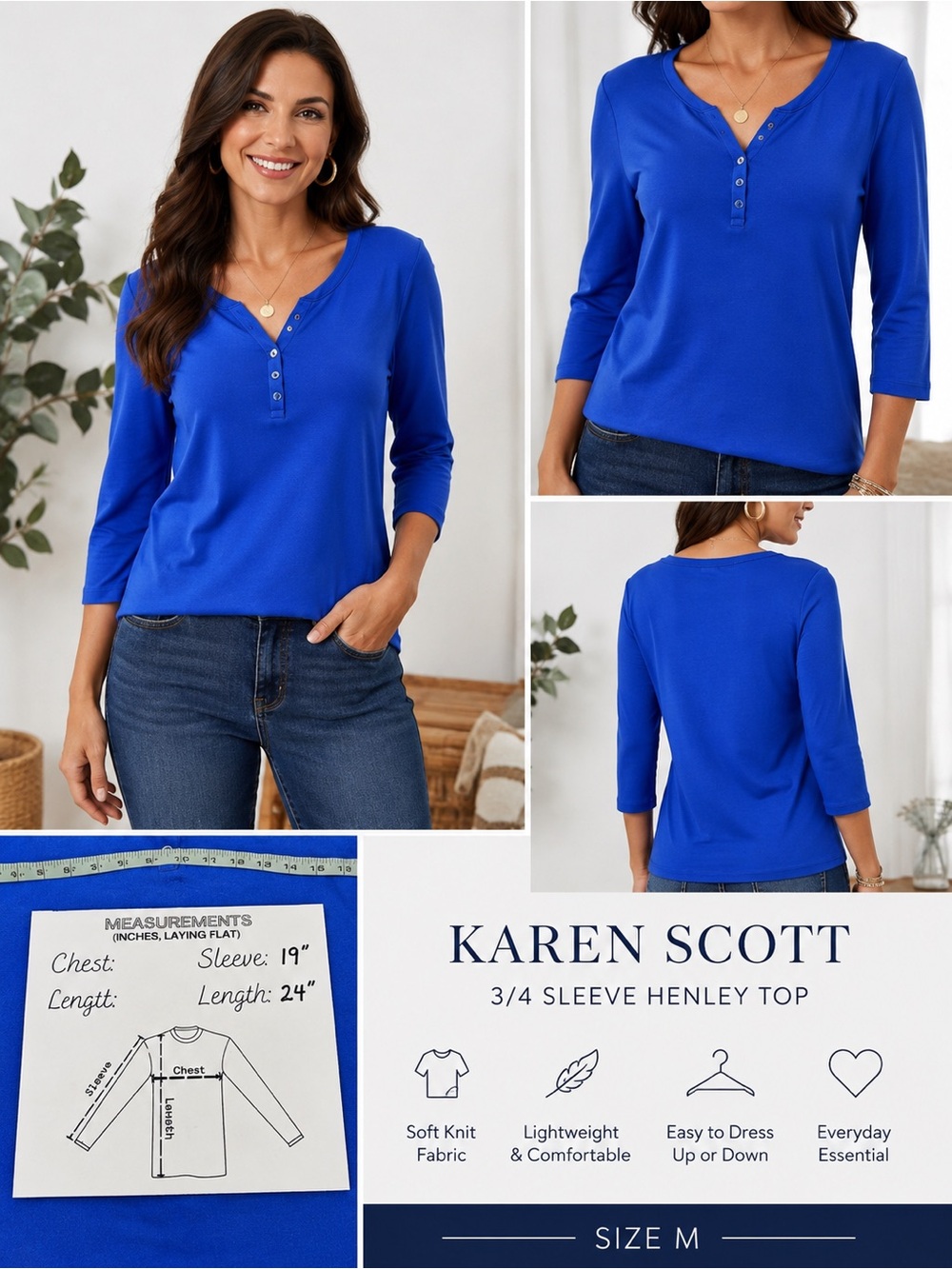 Karen Scott Royal Blue Henley Top 3/4 Sleeve Knit Tee